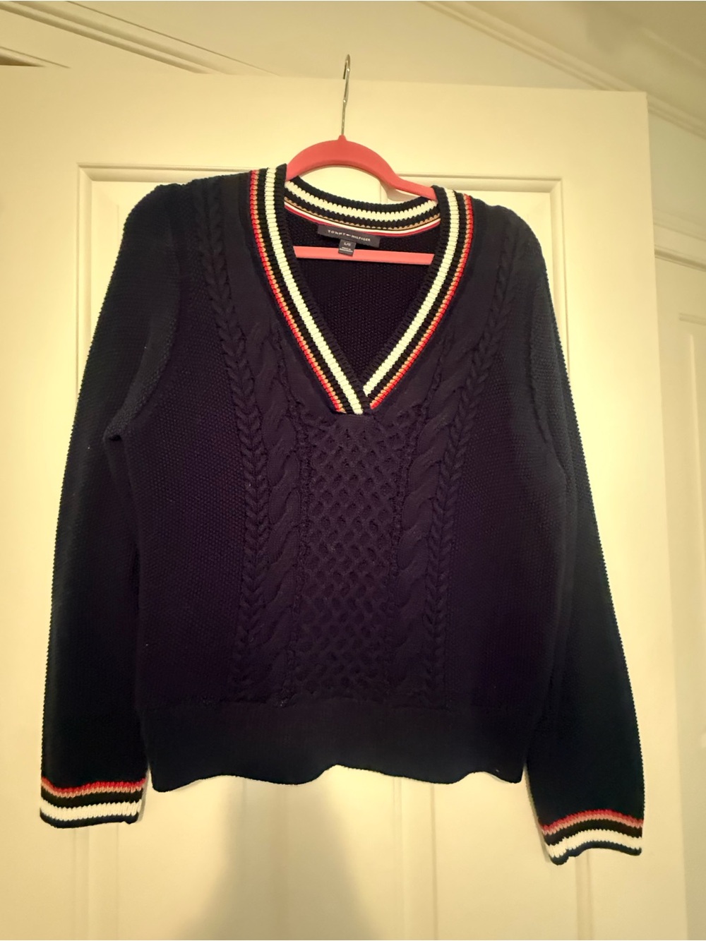 Tommy Hilfiger Navy V-Neck Cable Sweater with Red & Cream Trim